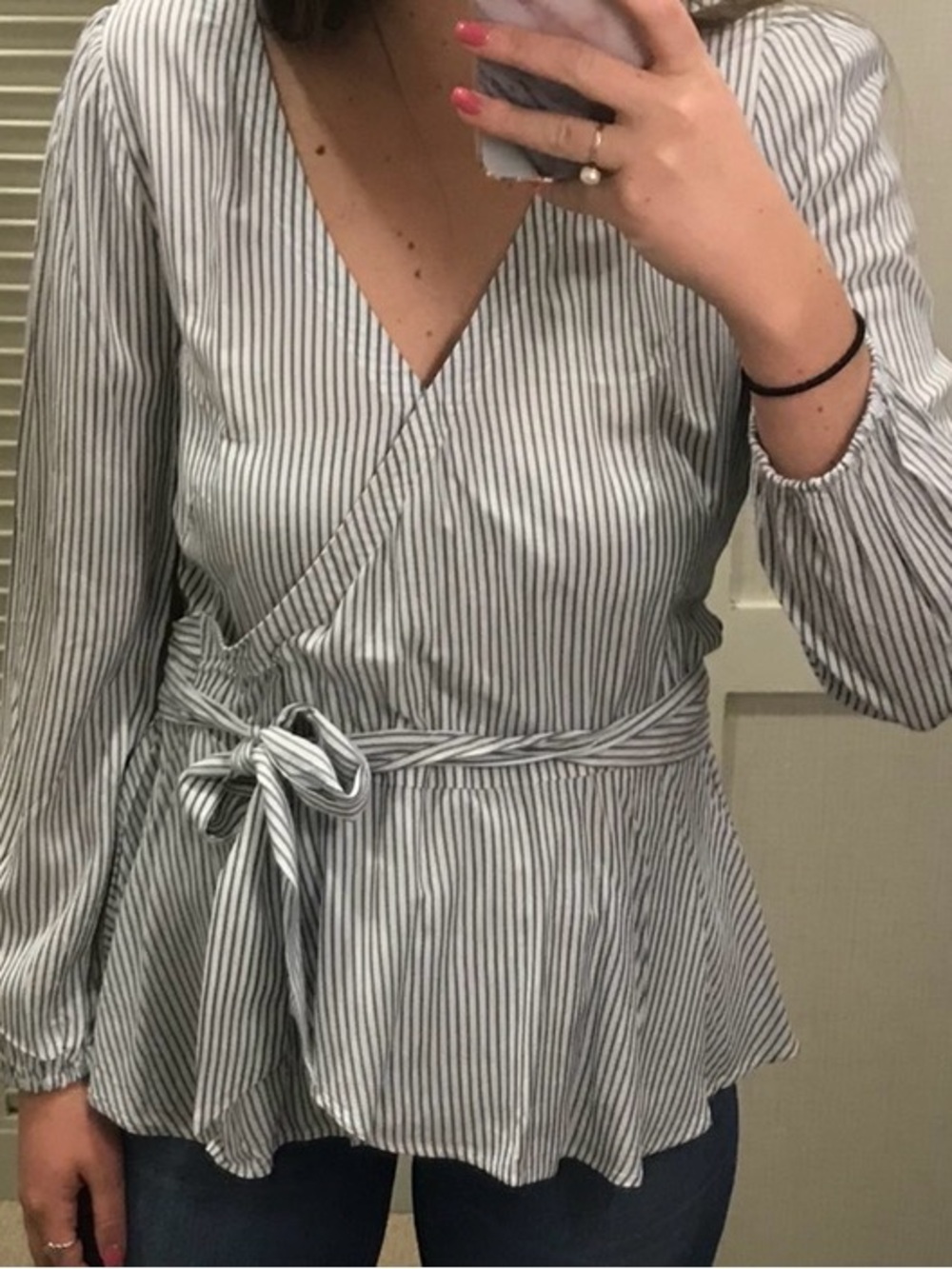 LOFT Navy Pinstripe Wrap Top on White